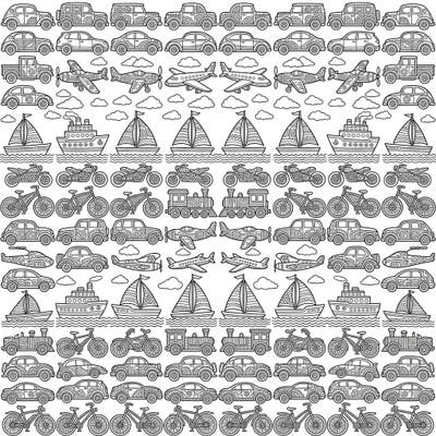 Discover a mesmerizing array of cars, planes, boats, and bikes in this intricate vehicle grid pattern coloring page. Perfect for adult colorists seeking a detailed and relaxing creative challenge.