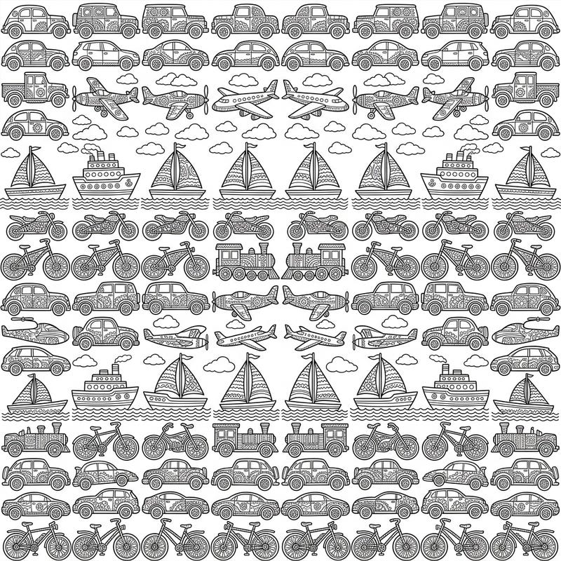 Discover a mesmerizing array of cars, planes, boats, and bikes in this intricate vehicle grid pattern coloring page. Perfect for adult colorists seeking a detailed and relaxing creative challenge.