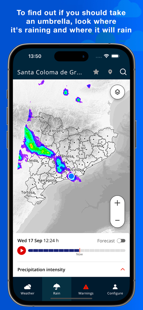 Interface de l'application METEOCAT montrant une carte radar de pluie en temps réel de la Catalogne