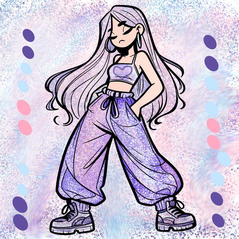 girl in baggy pants crop top and long hair