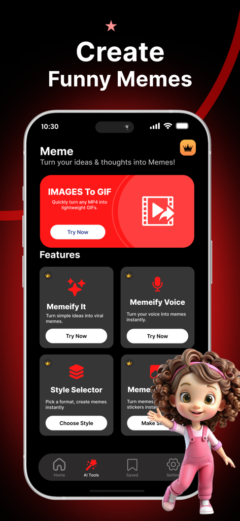 Red gifs: make it meme - Red gifsアプリのインターフェース。漫画のキャラクターマスコットが登場し、ミームとGIF作成機能が表示されています。