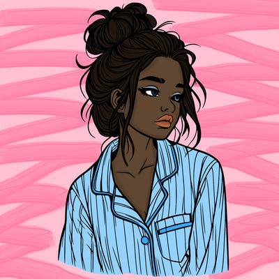 realistic woman with pajamas on and a messy bun