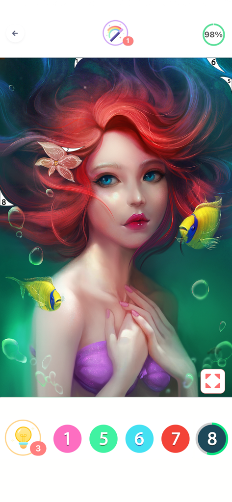 Coloring Fun : Color by Number - A mermaid illustration being completed in a color by number app interface