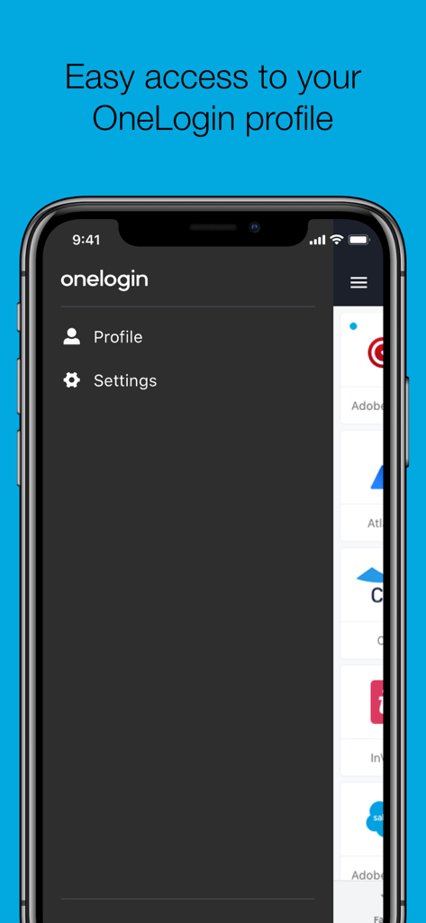OneLogin Portal - OneLogin Portal app interface showing user profile and settings menu