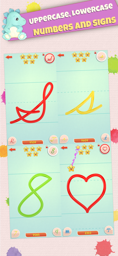LetraKid: Cursive Writing Kids - A collage showing tracing exercises for uppercase and lowercase cursive letters, the number eight, and a heart shape in the LetraKid app.