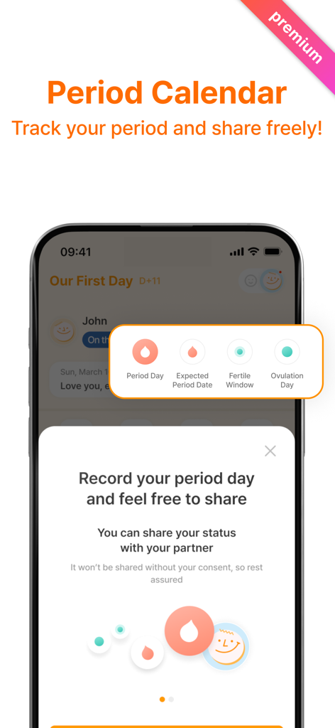 Signaling: Calendar for Couple - Interface de calendário de período no aplicativo Signaling para rastrear e compartilhar ciclos menstruais com um parceiro.