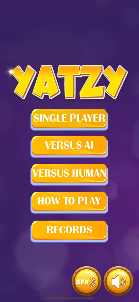 Yatzy - Offline Dice Game - Main menu of the Yatzy Offline Dice Game app showing game mode options like single player and versus AI.