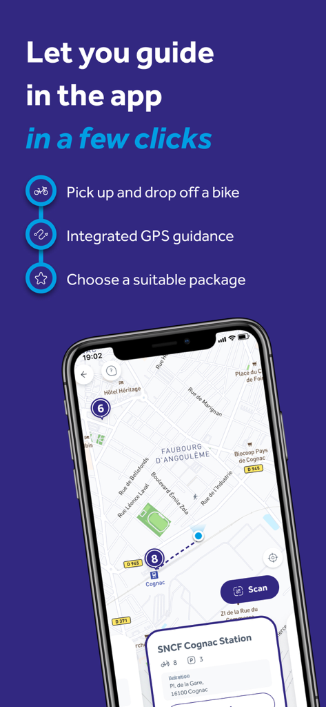 Vélo Modalis - Interface de l'application mobile Velo Modalis affichant la navigation GPS et les emplacements des stations de location de vélos sur une carte