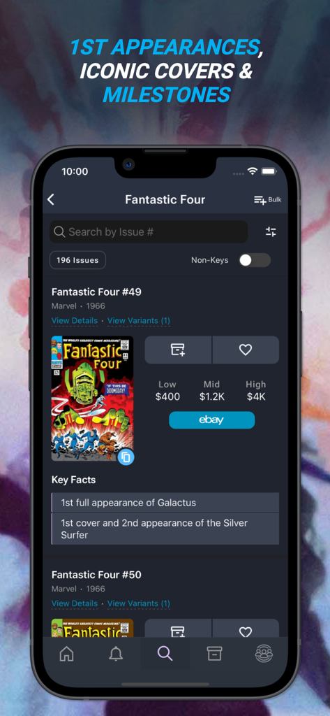 Una pantalla móvil de la aplicación Key Collector Comics que muestra la primera aparición de Galactus en el número 49 de Fantastic Four con precios de mercado y datos clave