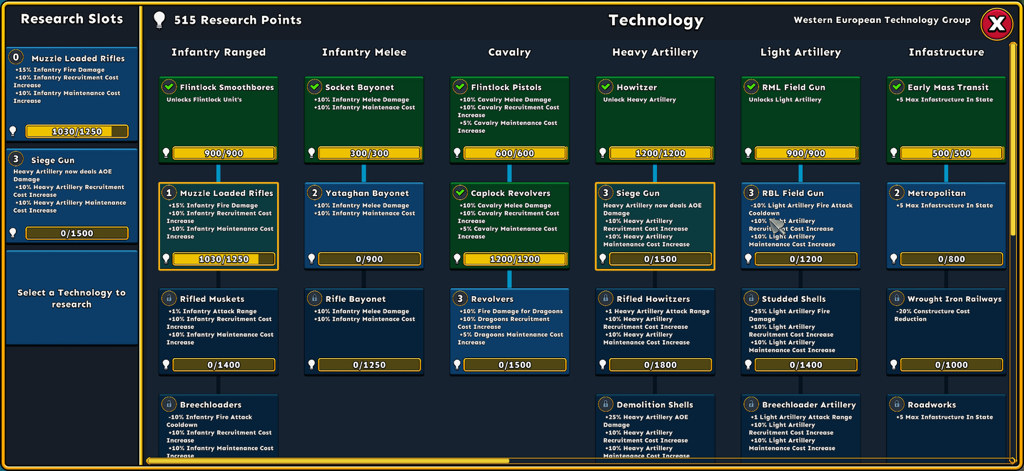 Countryballs Conquest - Countryballs Conquest technology tree showing research options for infantry cavalry and artillery.