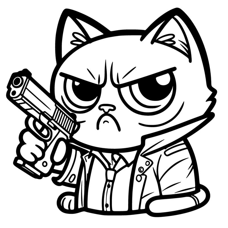 a grumpy cat with a gun