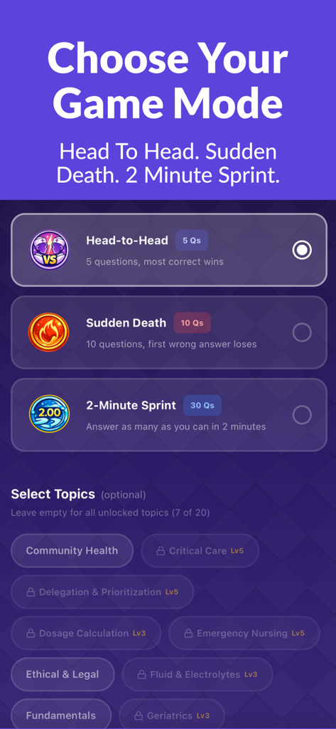 NCLEX Showdown - Selection screen in the NCLEX Showdown app showing game modes including Head-to-Head, Sudden Death, and 2-Minute Sprint along with nursing topic choices.