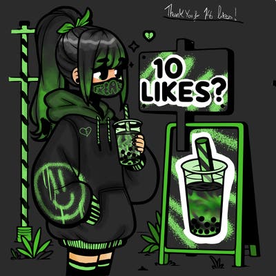 girl with oversized hoodie drinking boba and she has a high ponytail with a sign that says 10likes?