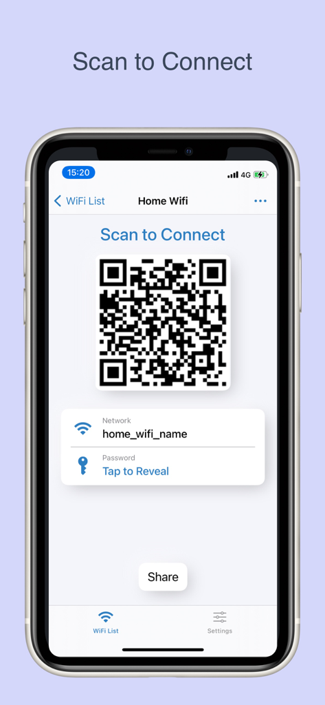 Wifi Share: internet & hotspot - Un smartphone mostrando un código QR para compartir y conectar WiFi fácilmente