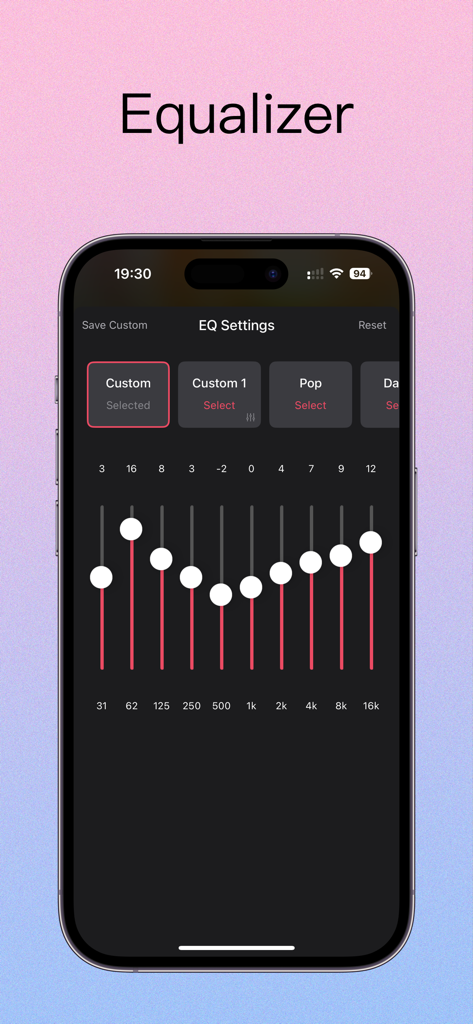 One Player - offline music - Equalizer settings interface in the One Player offline music app on iPhone.