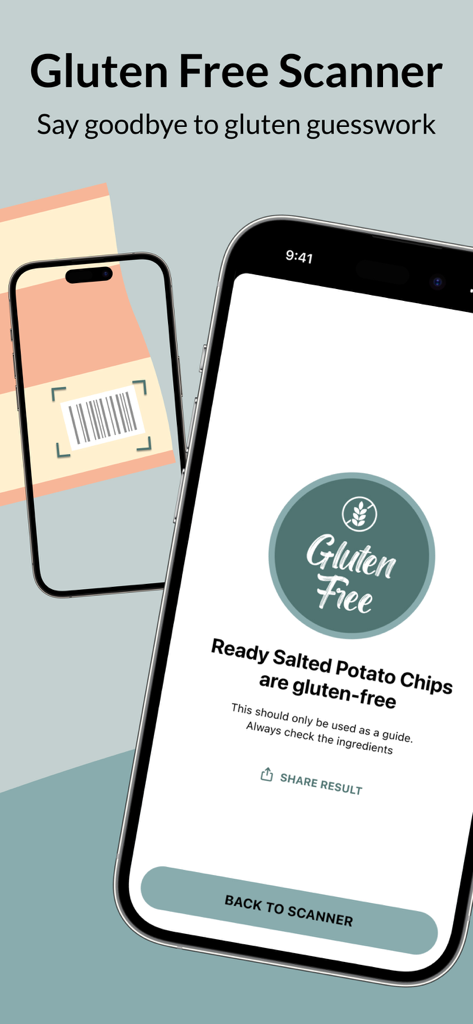 Gluten Free Scanner - Interface of the Gluten Free Scanner app showing a successful scan result for gluten-free potato chips on a smartphone screen.