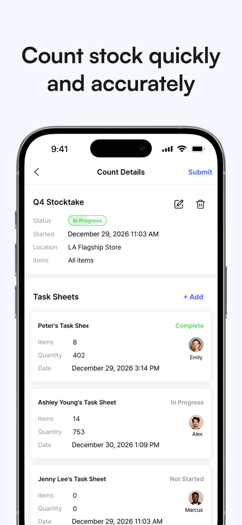 BoxHero app interface showing stocktake task sheets and team progress for inventory management.