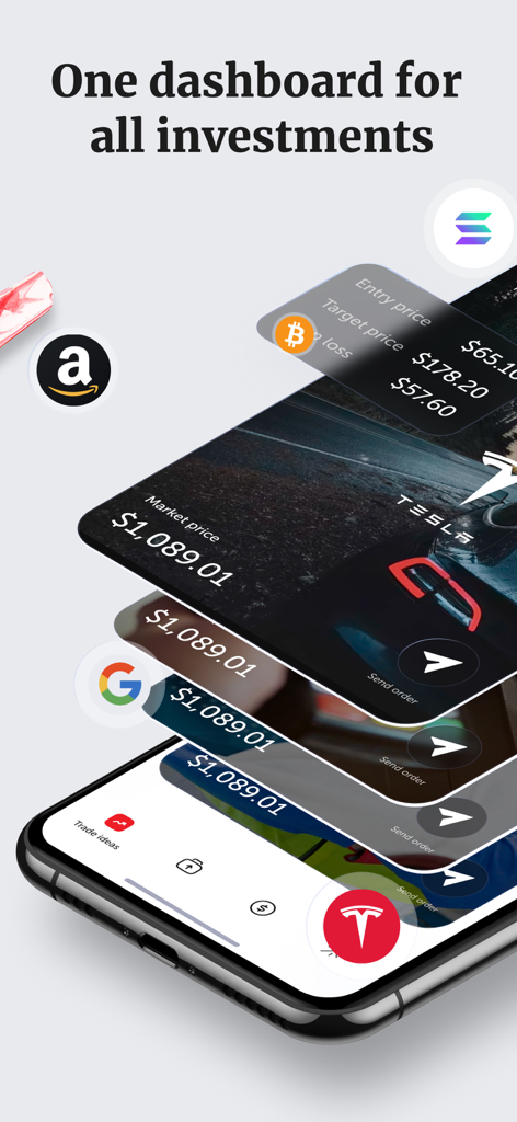 テスラやビットコインなどの株式と仮想通貨資産の統合ビューを表示するDominant AI投資アドバイザーアプリのダッシュボード