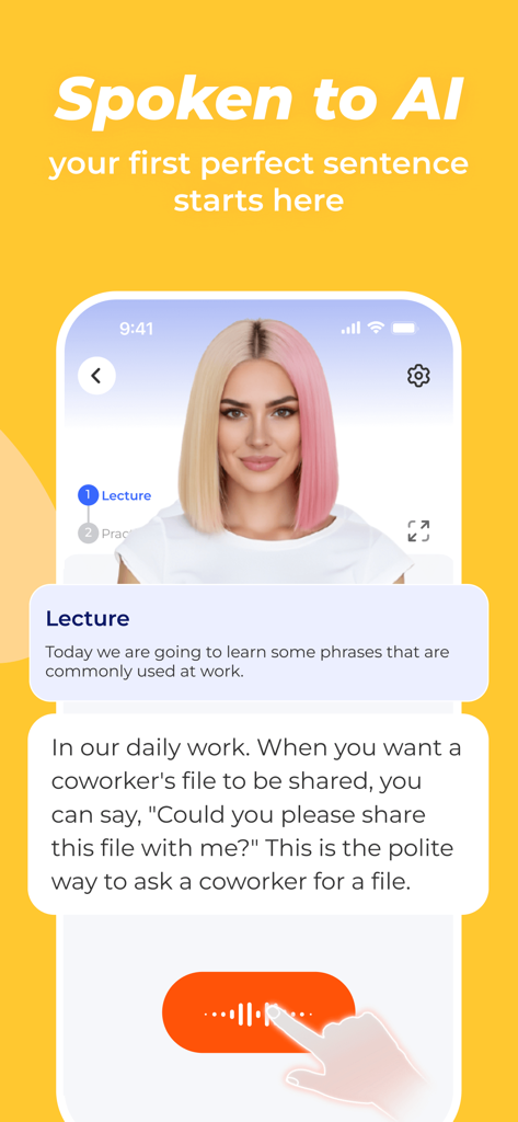 Speakup AI mobile interface featuring a professional English lesson on workplace phrases with an AI avatar