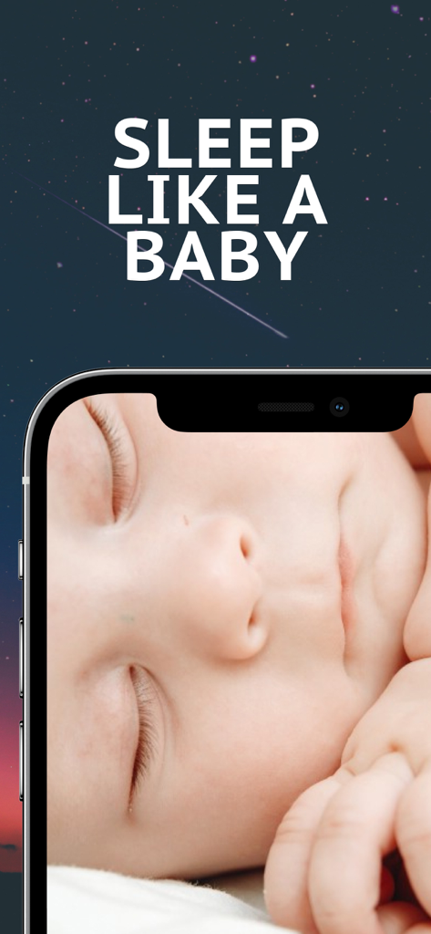 Sleep Fan app screenshot showing a sleeping baby and the text Sleep Like a Baby over a starry background
