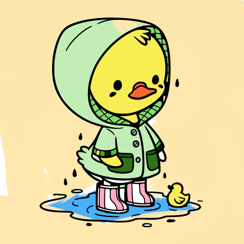 baby duck in a rain coat and boots, in a puddle while it’s raining