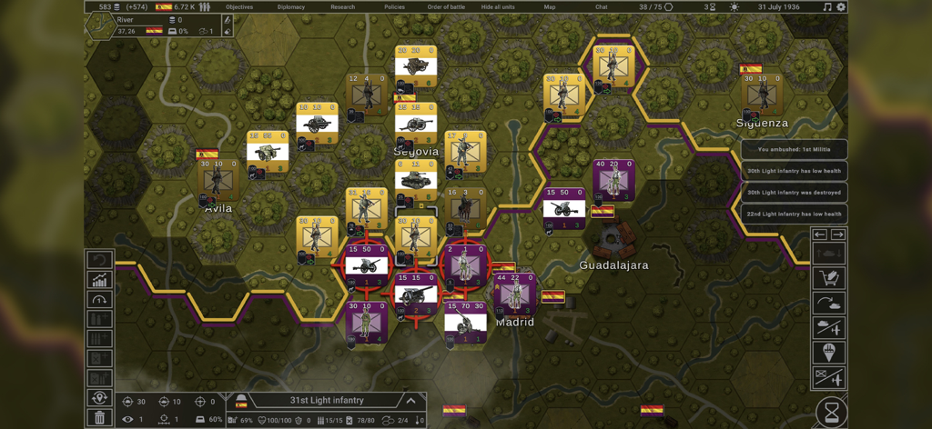 Hex of Steel - A hex-grid tactical map in Hex of Steel showing military units and terrain features
