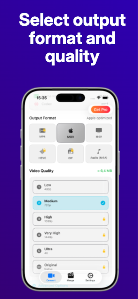 Video Converter Vidify - Interfaz de la app Vidify que muestra opciones para seleccionar el formato de salida de video como MP4 y MOV junto con configuraciones de resolución de 480p a 4K