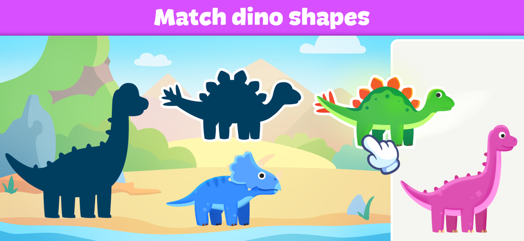 Dinosaur Games: Kids Learning - A toddler matching colorful dinosaur shapes to their silhouettes in a learning game