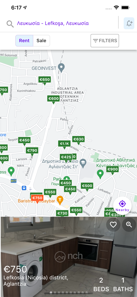 Homy - Interfaz de la aplicación Homy que muestra listados de bienes raíces y precios de alquiler en un mapa de Chipre