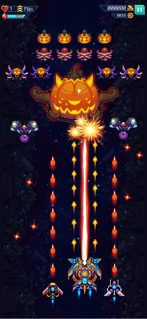 Galaxiga: Classic Arcade Game - A spaceship firing a powerful laser beam at a giant pumpkin-themed boss in Galaxiga arcade game.