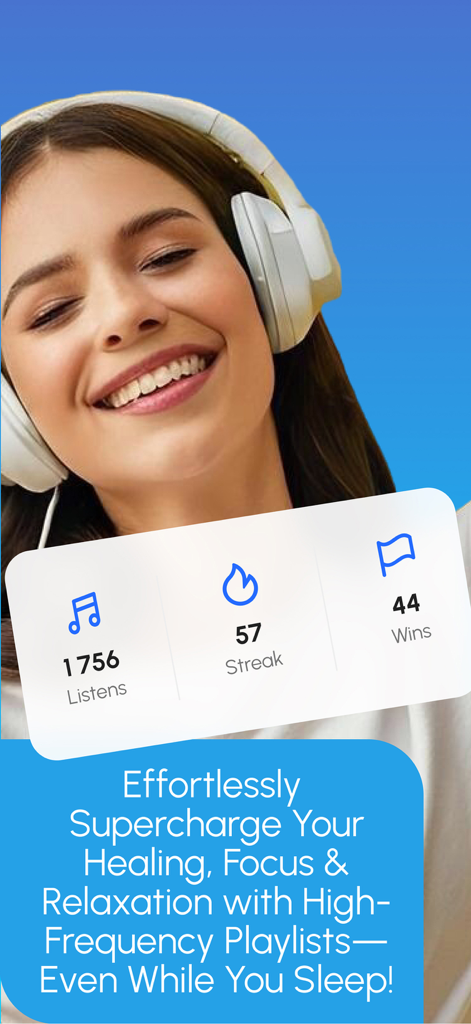Manifest AI: Bye Broke Brain - A smiling woman wearing headphones with an overlay showing app statistics for listens, streaks, and wins