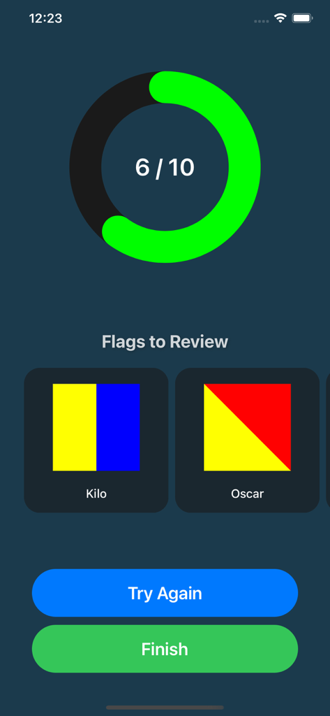 Schermata dei risultati del quiz dell'app Bandiere Navali che mostra un anello di progresso con un punteggio di 6 su 10 e bandiere da rivedere.
