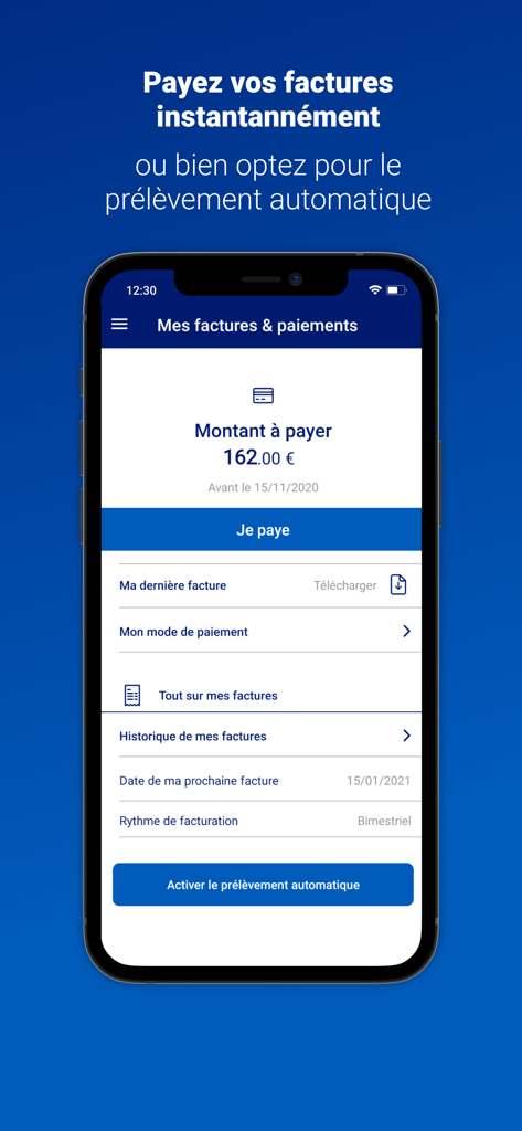 Interface do aplicativo móvel EDF Dom e Corse mostrando opções de pagamento de contas e saldo da conta.