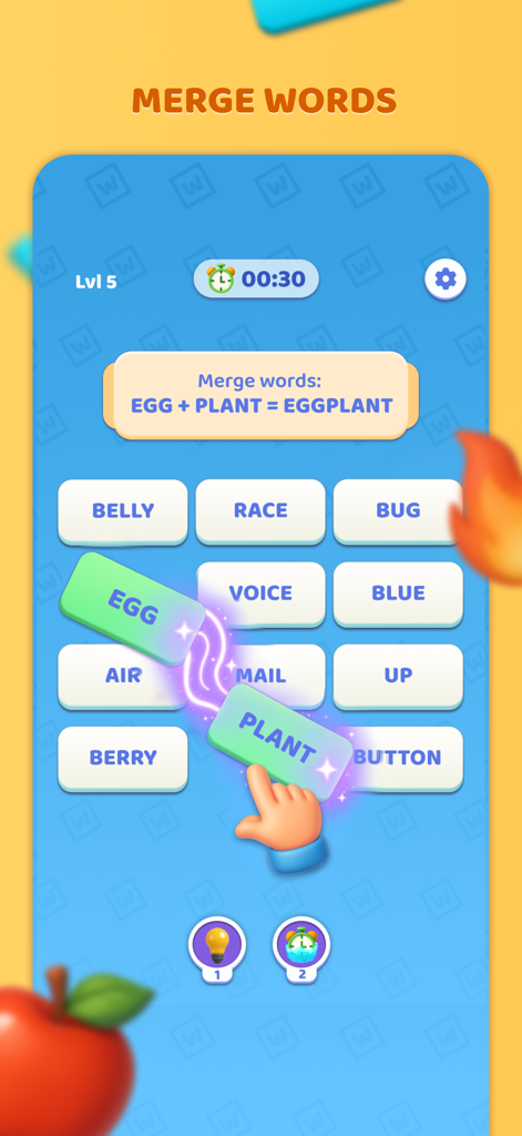 Words Merge - Jogabilidade do aplicativo Words Merge onde as peças são combinadas para formar palavras compostas