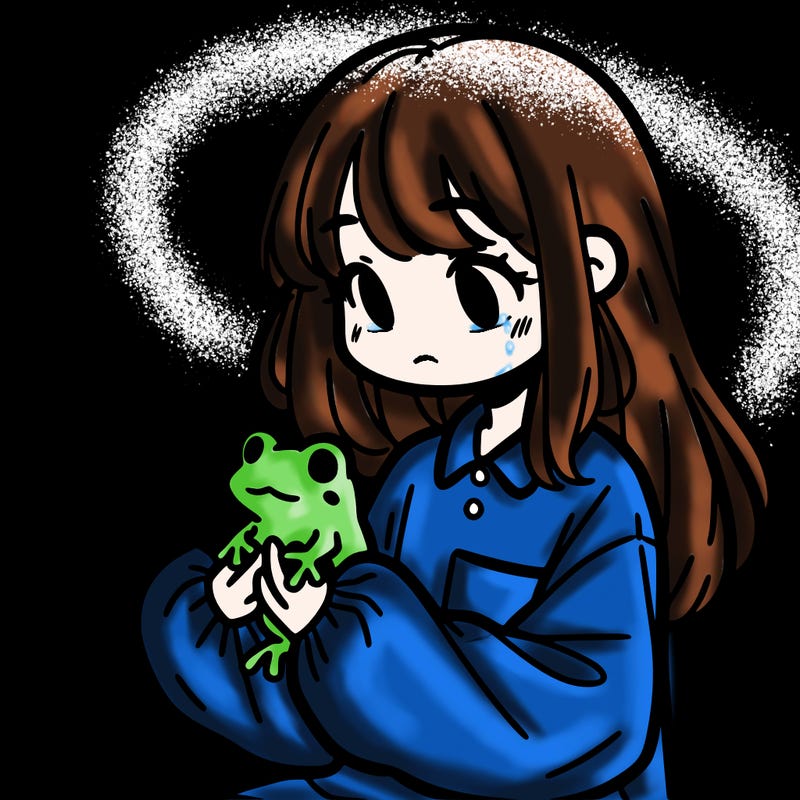 girl with long hair and a oversized shirt. and she is holding a frog