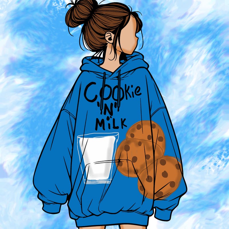 realistic girl with a oversized sweatshirt on and a bun