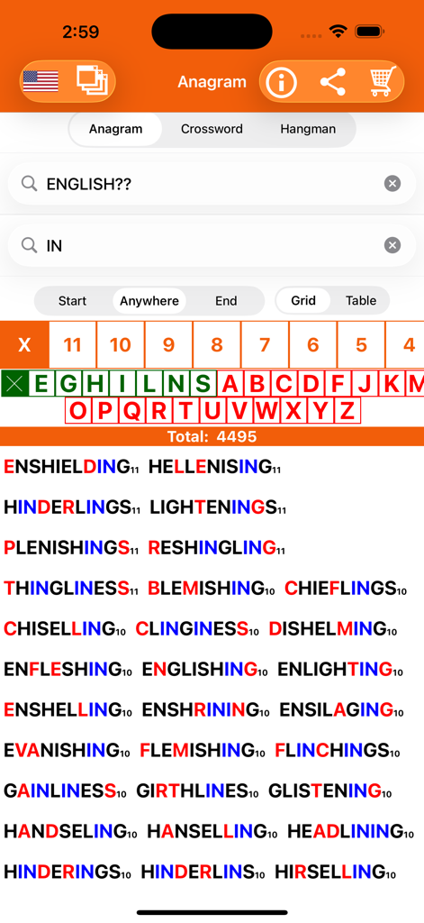 Anagram Solver: Crossword Find - Interface of the Anagram Solver app displaying a list of unscrambled word results and search filters.