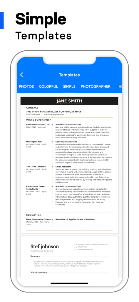 Mobile app screen displaying simple and professional resume templates for quick editing.