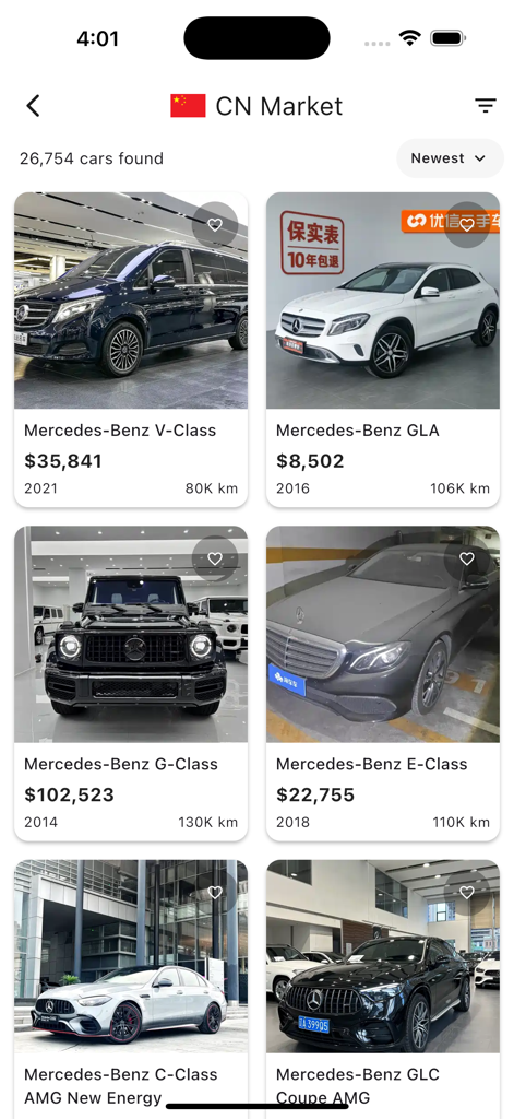 グローバルカーサーチアプリの中国市場画面でのメルセデス・ベンツのリスト。