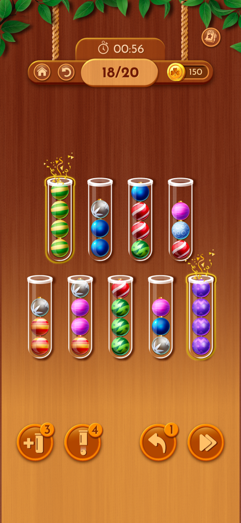 Woody Sort: Ball Sort Puzzle - Gameplay of Woody Sort Ball Sort Puzzle showing colorful patterned balls being organized into glass tubes against a rustic wooden background.