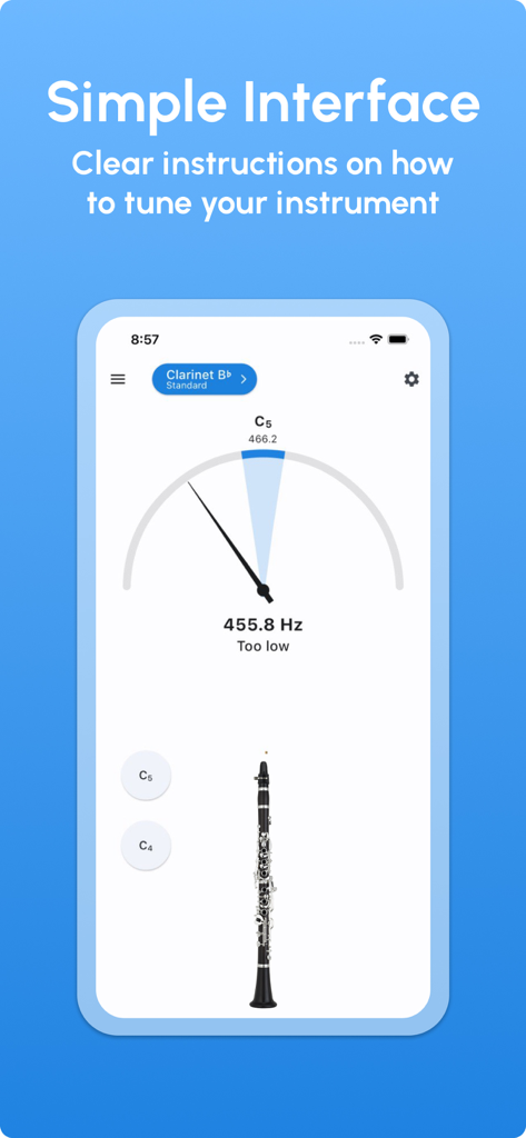 Clarinet Tuner - LikeTones - A clear and simple interface of the Clarinet Tuner app displaying real-time pitch data.
