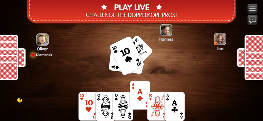 Uma partida ao vivo de Doppelkopf Online Doko com jogadores e cartas exibidas em uma mesa de madeira