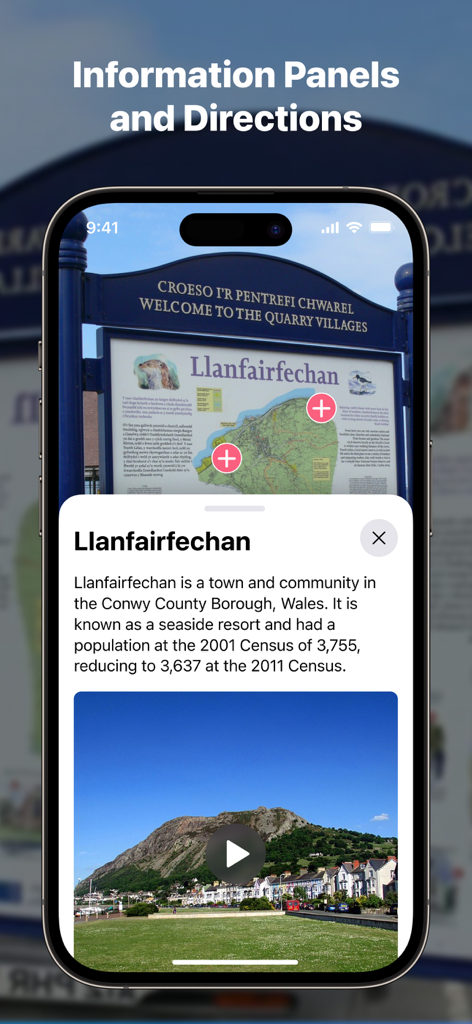 ThingLink AR Viewer - Un smartphone mostrando la aplicación ThingLink AR Viewer con puntos de interés interactivos y un panel de información sobre un letrero físico