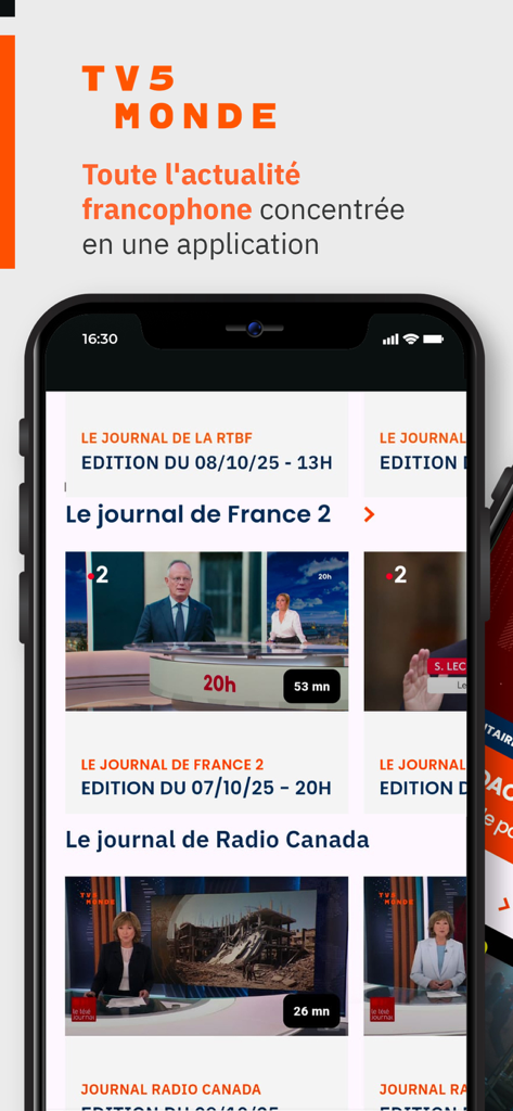 Screenshot der TV5MONDE-App, der eine Vielzahl von französischen Nachrichtenprogrammen von verschiedenen internationalen Sendern zeigt