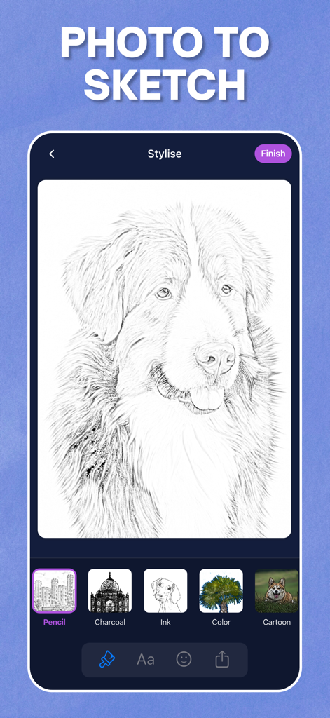 Photo to Sketch - Drawiq - Interfaz de la aplicación Drawiq mostrando una foto de perro convertida en un boceto realista a lápiz usando filtros artísticos