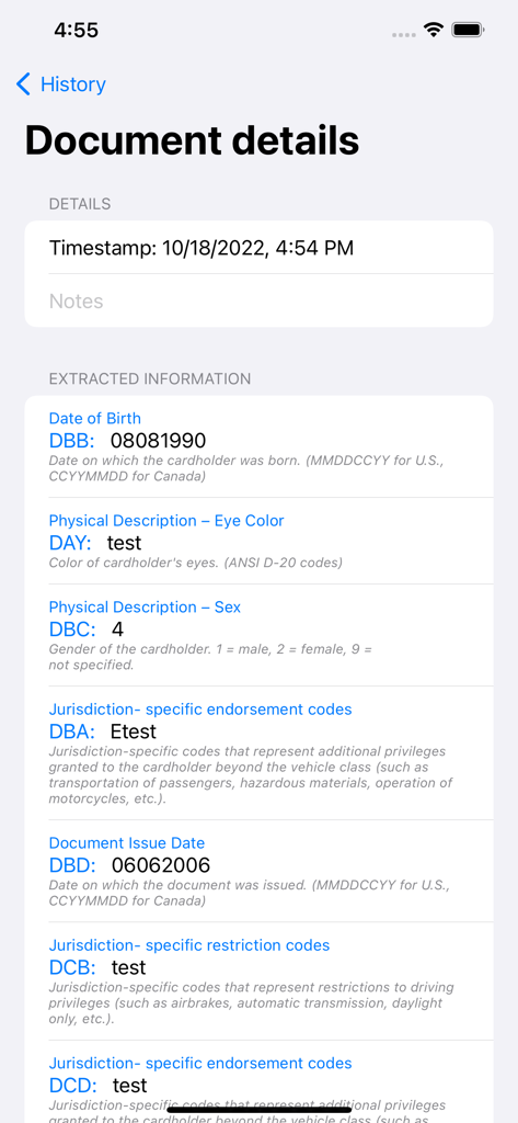 DL scanner. - Oberfläche der DL-Scanner-App, die extrahierte Daten von einem Führerschein-Barcode anzeigt, einschließlich Geburtsdatum und physischer Beschreibungen.