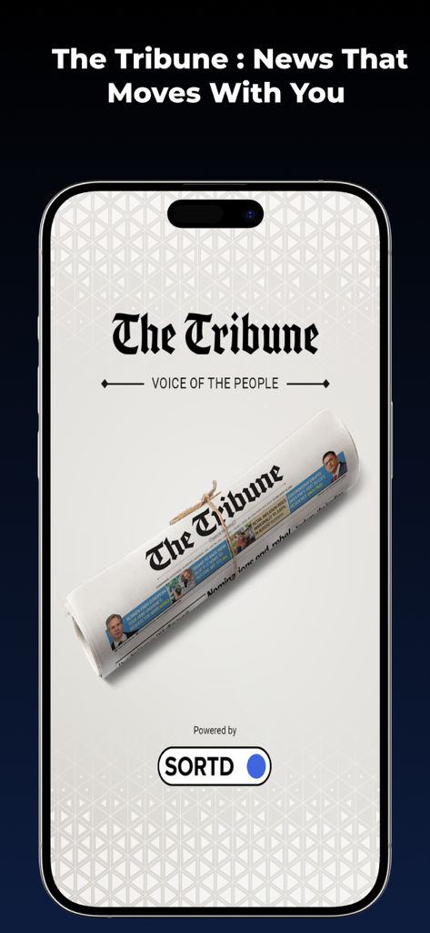 The Tribune - The Tribune news app splash screen showing a rolled newspaper and the Voice of the People logo