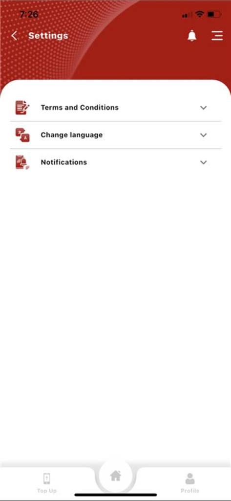 My Vodafone Vanuatu - Settings screen of the My Vodafone Vanuatu mobile application featuring options for terms and conditions, language selection, and notification settings.