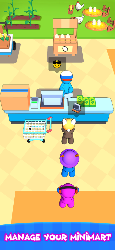 A cashier character serving a line of customers at a supermarket checkout counter with a farm in the background.