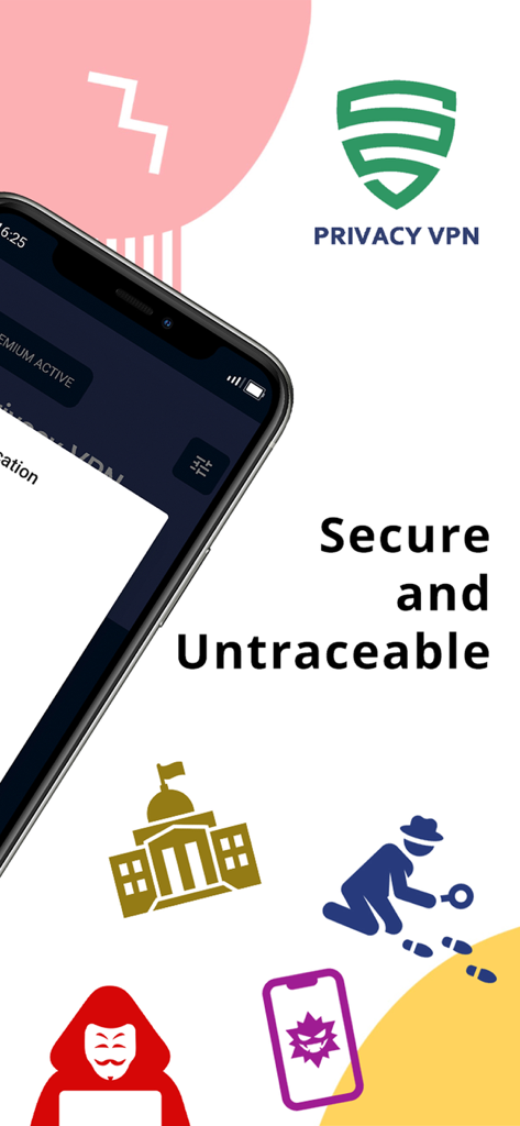 Schermata promozionale dell'app Privacy VPN che mostra icone per la sicurezza online e lo slogan Sicuro e Non Rintracciabile